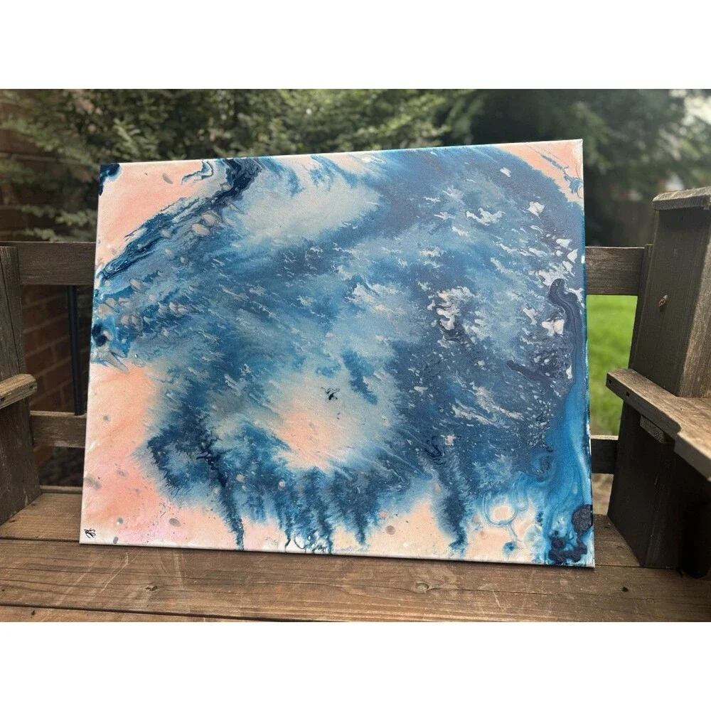 Original Abstract Painting Blue & Blush Pink Coastal Forest Wall Art – 24” x 30”